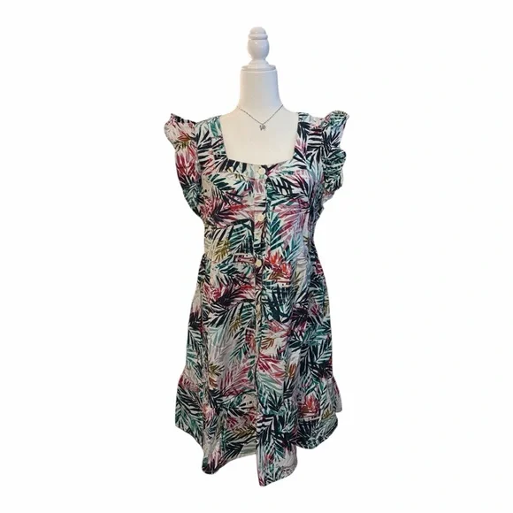 BeachLunchLounge Tropical Leaf Linen Blend Ruffle Button Dress M DS1 - Picture 3 of 6